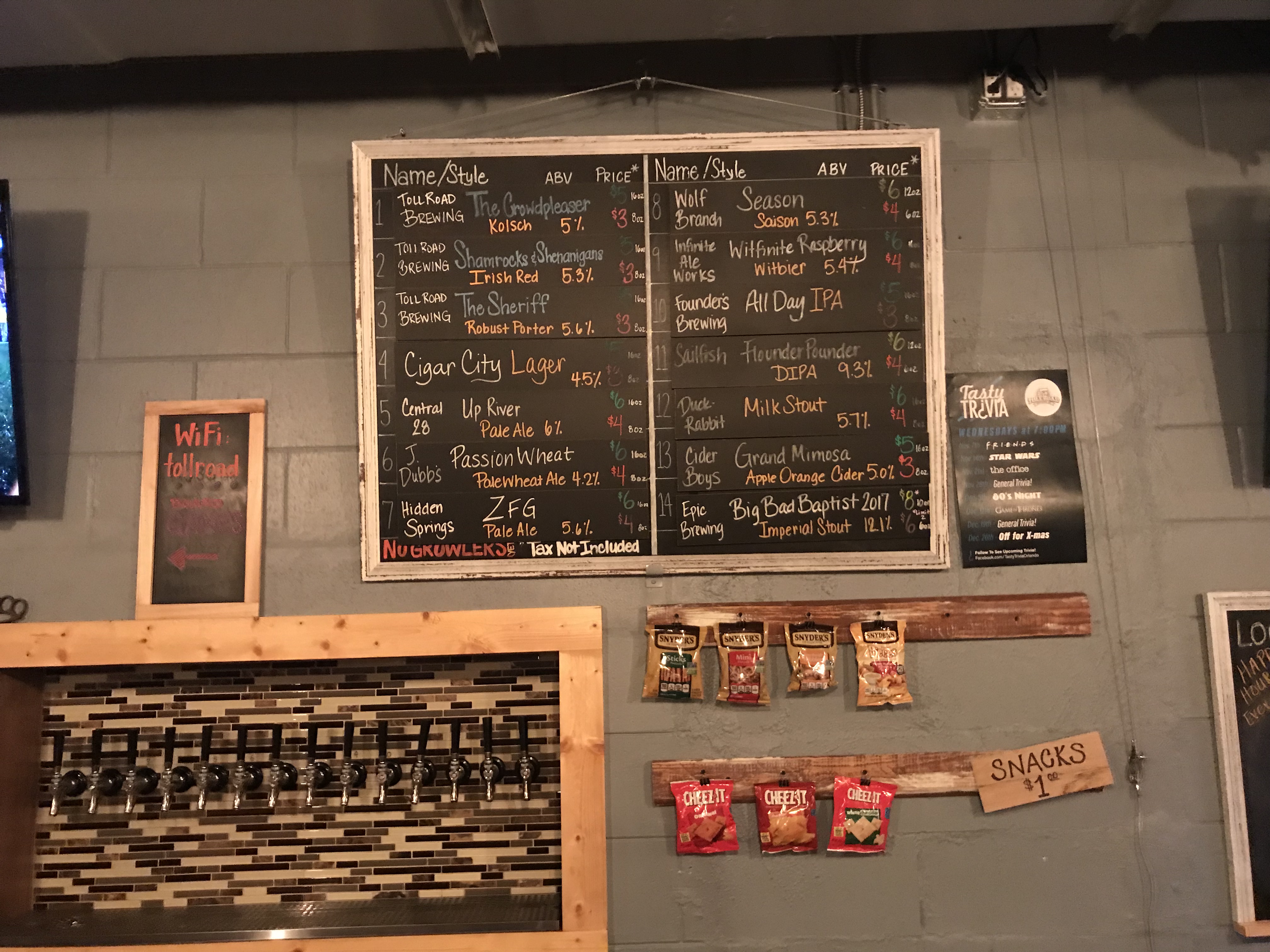 Toll Road Brewing Company Beer Board